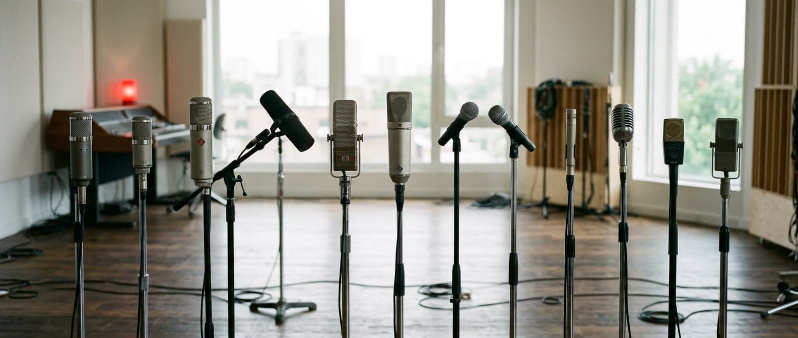 Eine Reihe verschiedenster Mikrofone im hellen Studio — viele Stimmen, eine Agentur